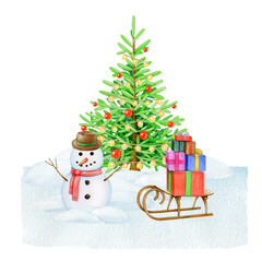 Cute snowman under Christmas tree with sled full of gift boxes. Winter season festive scene. Vintage style illustration. Winter time decor with fir tree, sleigh, snowman, snowdrifts on snowy ground