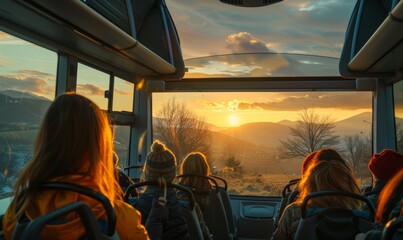 Fototapeta premium group of young people on an open-air bus at sunset, looking out over mountains, warm hues casting across their faces as they enjoy the scenery and each other’s company