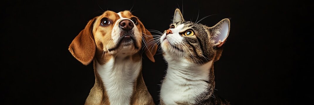 A dog and cat sitting side by side, both looking up curiously at something, with their heads tilted in unison in a cute and funny pose.