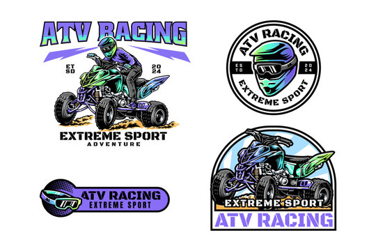 ATV rider and vehicle logo design for extreme sport. all terrain vehicle, off road 4x4 quad and ATV racing sign symbol modern logo. ATV helmet and goggles sport emblem badge logo illustration