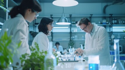 Fototapeta premium Scientists in white lab coats engage in detailed research and experiments in a well-lit, state-of-the-art laboratory, emphasizing technology and precision.