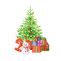 Decorated fir tree with gift box pile, toys, Christmas presents painted illustration. Vintage style Christmas tree with festive bright decorations and gifts. Winter holidays traditional decor element