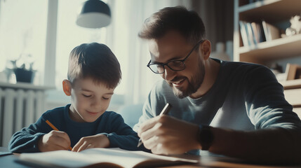 Father doing homework with his little son at home