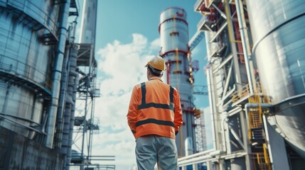 Fototapeta premium Industrial worker gazing up at large refinery structures, back to the camera, emphasizing the scale and importance of the facility.