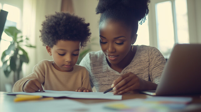 Mother doing homework with his little daughter at home