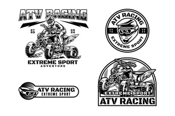 all terrain vehicle, off road 4x4 quad and ATV racing logo design for extreme sport. ATV rider and vehicle sign symbol modern logo. ATV helmet and goggles sport emblem badge logo illustration
