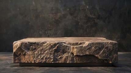 Brown natural stone podium for product display on a dark surface