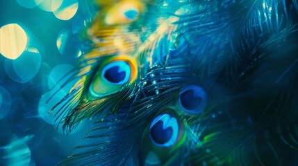 Close-up of vibrant peacock feathers, showcasing their intricate patterns and vivid colors in a dreamy, blue-tinted backdrop.