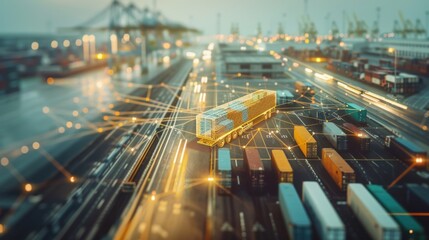 Obraz premium Aerial view of a bustling container port with interconnected shipping containers, illustrating the dynamics of global trade and logistics.