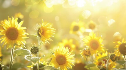 Obraz premium Bright yellow sunflowers in full bloom, filling the entire frame. Natural photography style. Floral background. Concept of summer and nature beauty.