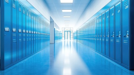 AI-generated image of a school hallway lined with bright blue lockers, highlighting innovative and futuristic design elements