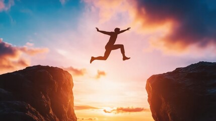 Happy new year 2024, Silhouette Man jumping from 2023 cliff to 2024 cliff on sky background. Ð¡oncept of moving from year to year. New Year's concept.