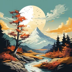 Crisp Autumn Colors Highlighting Alpine Peaks in a Beautiful Vector Illustration