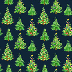 Christmas tree seamless pattern on navy color background. Hand drawn fir trees with festive bright vintage style decoration. Winter holidays festive traditional decor seamless pattern element