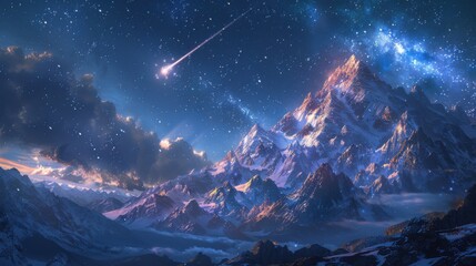 Starry night sky with a mountain and a shooting star