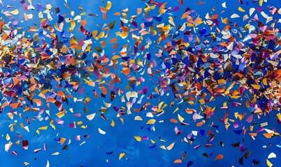 vibrant and festive confetti falling in a clear blue sky, creating an atmosphere of celebration for events like New Year's Eve, Christmas parties, or festive occasions