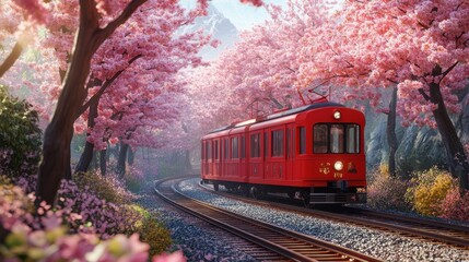 Obraz premium Cherry blossom with Red train in spring in Japan or Korea is the popular view spot,Illustration of Japanese spring,Panorama travel,tour advertising of world famous landmarks of Japan,autumn season.