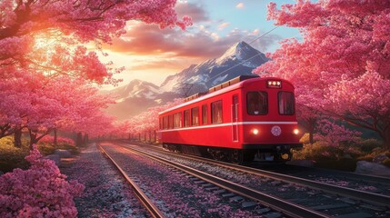 Obraz premium Cherry blossom with Red train in spring in Japan or Korea is the popular view spot,Illustration of Japanese spring,Panorama travel,tour advertising of world famous landmarks of Japan,autumn season.