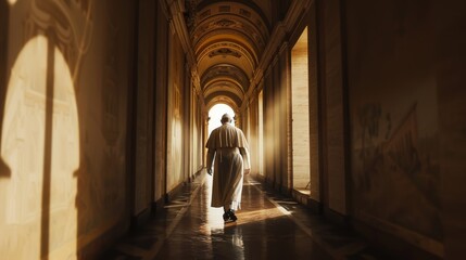 A solitary figure walks through an ornate, dimly lit hallway with majestic arches, casting long shadows on the patterned floor.