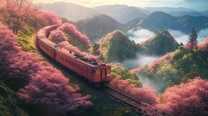 Cherry blossom with Red train in spring in Japan or Korea is the popular view spot,Illustration of Japanese spring,Panorama travel,tour advertising of world famous landmarks of Japan,autumn season.