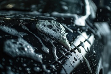 Black car hood with shiny water droplets, white bird emblem. Close-up of wet and clean vehicle surface in garage or driveway. Car cleaning and washing process, foam soap application, dark background.