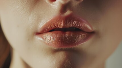 Naklejka premium Upper close-up shot of lips glossed with shiny red lipstick, framed by a hint of a freckled cheek, highlighting a bold and youthful look.