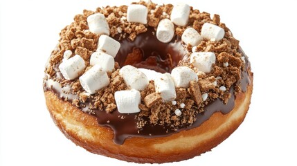 delicious doughnut with chocolate glaze, crumble, and marshmallow toppings isolated on a white background, perfect for food photography with its sweet and indulgent appeal