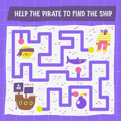 Marine pirate doodle maze with Caribbean bandit character, ship, skull, shark, bomb. Old civilization puzzle for kids, children. Funny cartoon style labyrinth with adorable characters