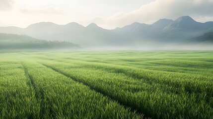 Obraz premium Lush Green Rice Paddy Field with Mountain Background and Fog