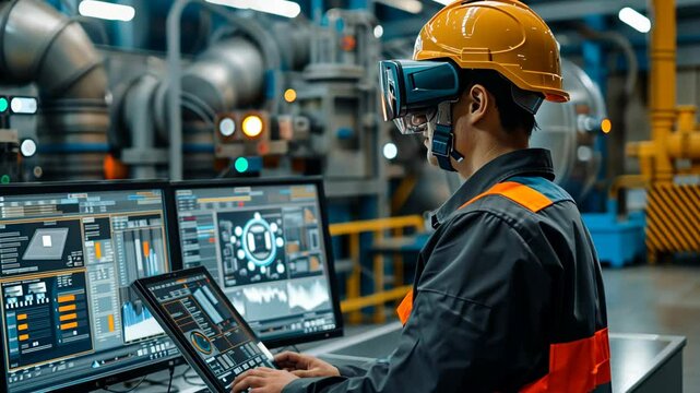 A skilled worker engages with advanced augmented reality systems at a manufacturing facility, optimizing production processes and improving safety measures