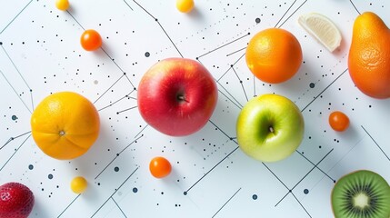 A minimalist and aesthetically pleasing arrangement of various fruits such as apples, oranges, and kiwis on a white background, accented with abstract tech lines and dots. The image blends simplicity