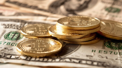 Stacks of gold-colored cryptocurrency coins are placed alongside dollar bills on a textured surface, illustrating financial diversity