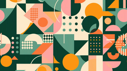 Obraz premium Abstract Bauhaus style seamless pattern with geometric shapes featuring triangles, rectangles and circles in green, orange and pink