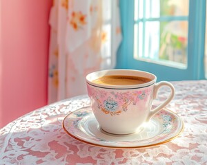 Nostalgic Morning Ritual, a warm cup of coffee rests on a vintage table, sunlight filters through a window, evoking memories of simpler times.