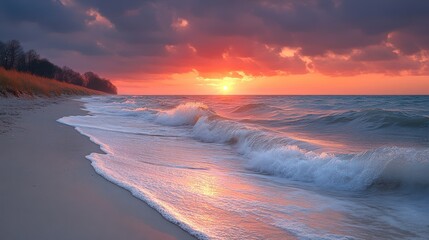 Fototapeta premium Serene Sunset Over Tranquil Beach, vibrant sky hues blending into soft waves, creating a perfect evening escape by the shore.