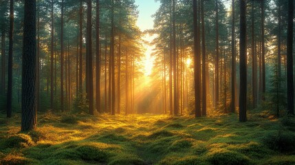 Fototapeta premium Serene Forest Clearing, a tranquil space surrounded by tall trees, illuminated by warm golden sunlight, inviting peace and reflection.