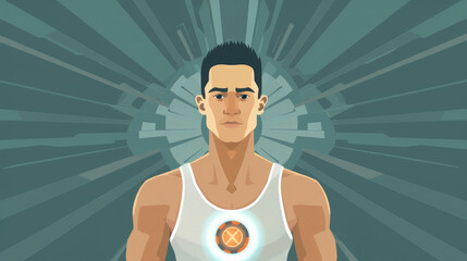 The young man poses with determination, showcasing a bright emblem on his chest amidst a modern, abstract backdrop