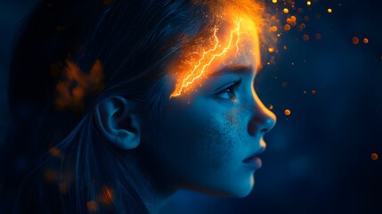 Girl with Glowing Sparks and Lightning on Forehead