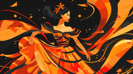 The dancer embodies grace and energy, with swirling fabrics of orange and black creating a dynamic visual against a dark backdrop