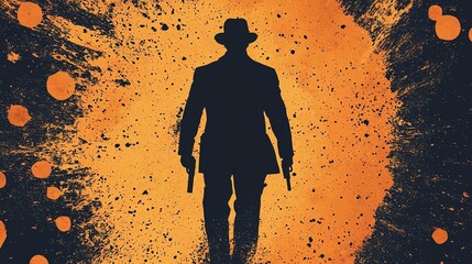 Retro spy novel cover, gunpowder residue splatter, secret agent silhouette