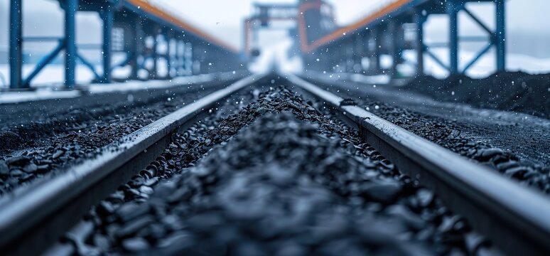 Close up of railroad tracks vanishing into the distance with snow falling. The tracks are made of steel and are surrounded by gravel.