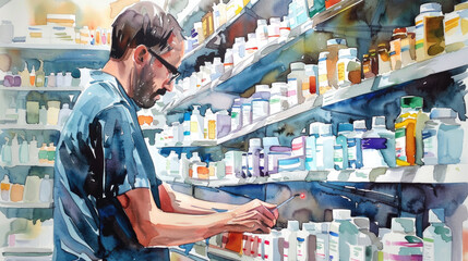 A pharmacist carefully arranges various medication bottles on pharmacy shelves while assisting customers during the day