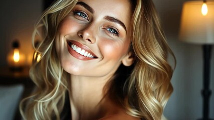 A young woman smiles happily with beautiful wavy hair in a cozy indoor setting during soft natural light
