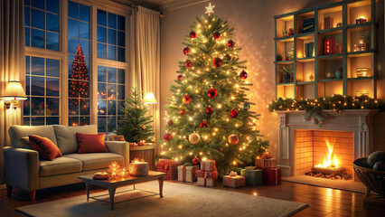 Cozy Living Room with Decorated Christmas Tree by Fireplace, Festive Evening Light