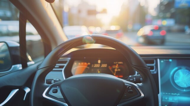 The view from the driver's seat of a car in the city during sunset, capturing the steering wheel and a digital dashboard.