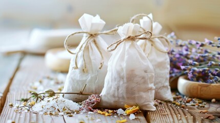 Three delicate fabric sachets tied with string, filled with aromatic herbs and salts, resting on a rustic wooden table beside scattered flowers.