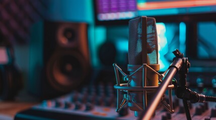 A modern microphone in a recording studio with colorful lights and audio equipment, capturing the essence of music production.