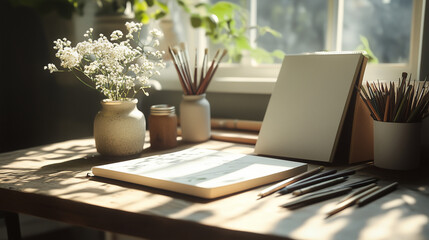 Eco-Friendly Stationery on Wooden Desk with Natural Light and Flowers