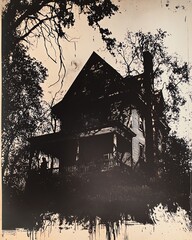 Obraz premium Silhouette of an old abandoned house with trees in the background.