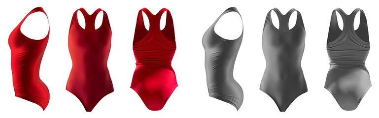  2 Set of red maroon grey gray front back side view, one piece racerback round neck classic silhouette swimsuit swimwear bodysuit leotard on transparent cutout PNG. Mockup template for artwork design